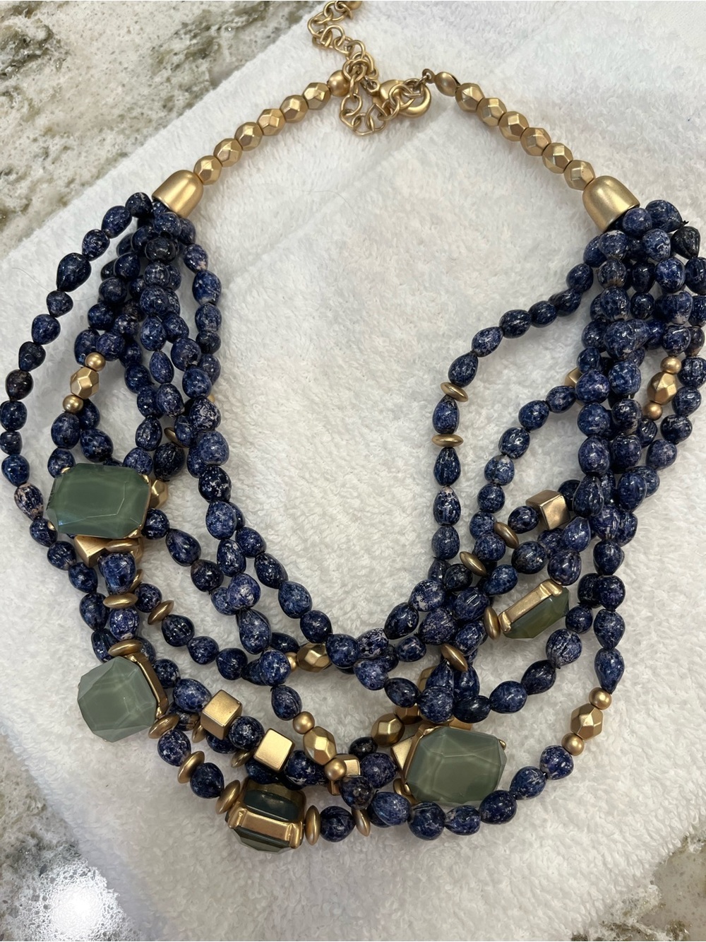 Chico's Multi-Strand Navy Beaded Necklace with Green Gemstones and Gold Accents